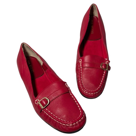 Ann Marino Shoes - Ann Marino Red Leather Moccasin Loafers with Gold Buckle